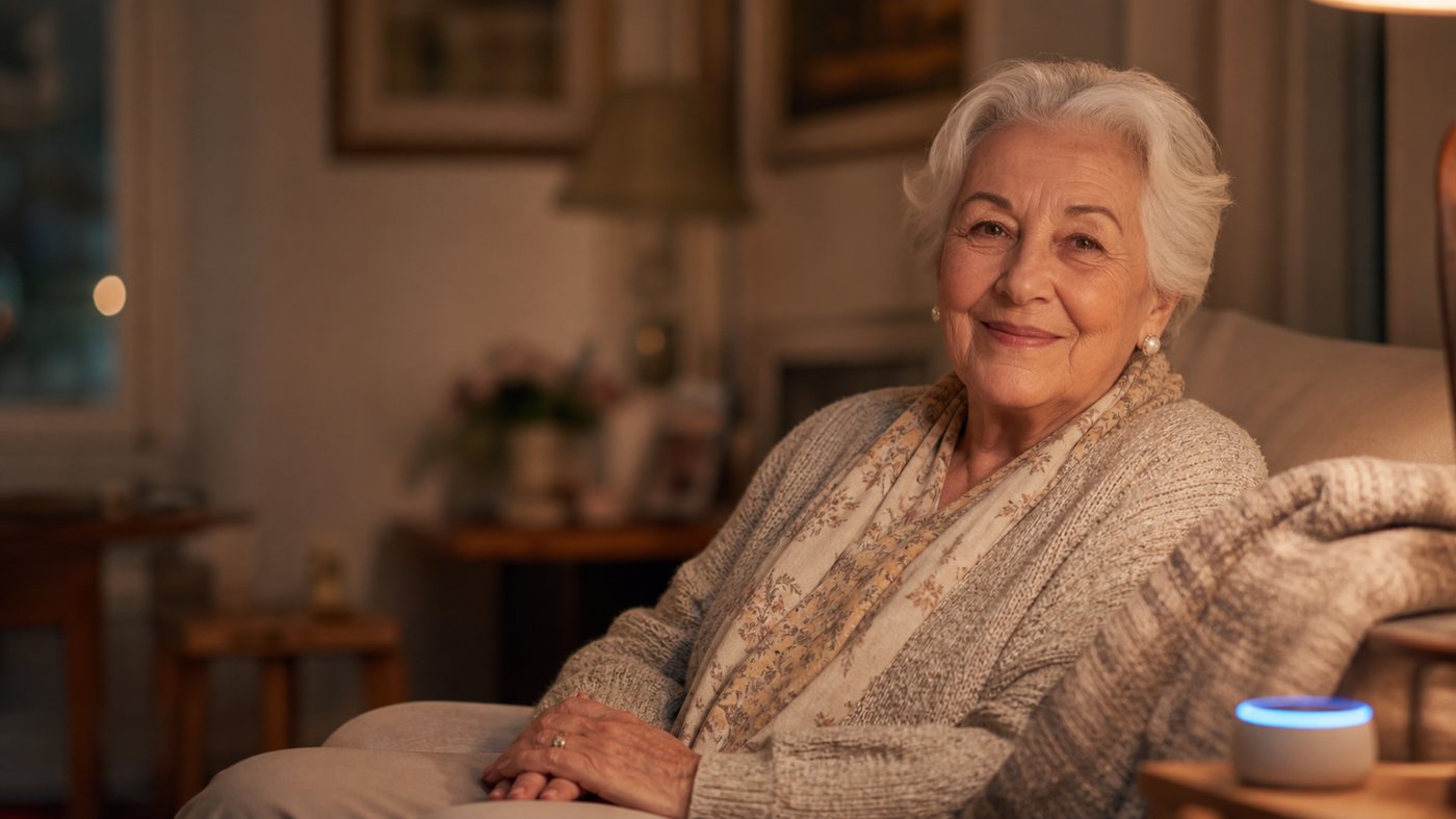 Adulta mayor sonriente en su hogar junto a Aura, su compañera de salud