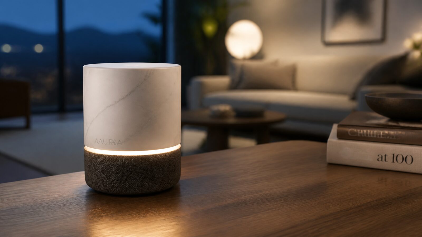 Aura, el parlante inteligente de cemento y mármol de MyControl, con su anillo de luz cálida en un living al atardecer