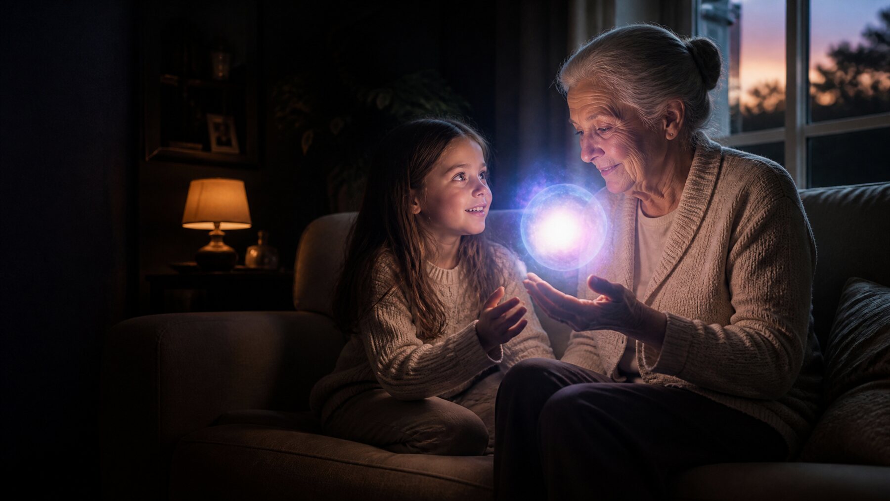 Una abuela y su nieta comparten un momento cálido junto a la presencia luminosa de MyControl — tecnología que es parte de la familia